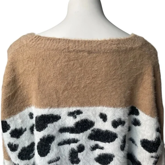 COCOBLEU Colorblock Leopard Print Fuzzy Crewneck Sweater, Sz 1X - Picture 9 of 14